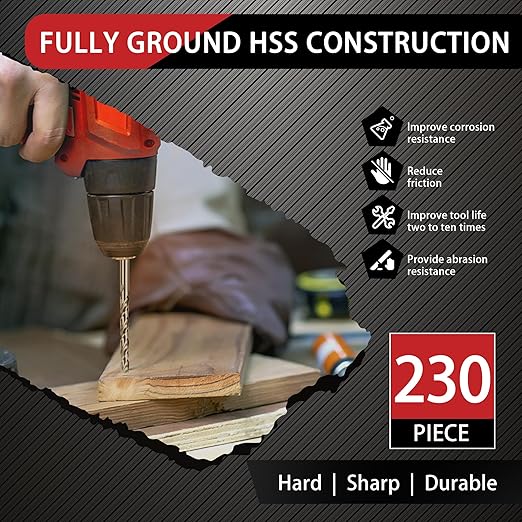 230 Pcs Drill Bit Set, 135째 Tip Titanium Coated High Speed Steel, Twist Drill Bit Kit for Iron, Aluminum Alloy, Copper, Wood, Plastic, with Hard Storage Indexed Box 3/64''-1/2''