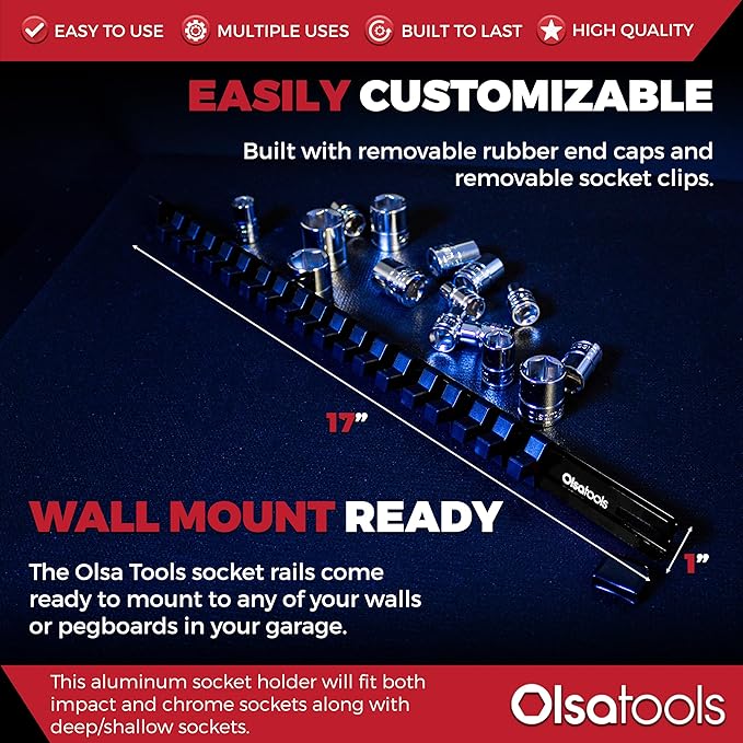 Olsa Tools Socket Organizer - 3/8-Inch Drive Black Holder - Stores 18 Chrome or Impact Sockets - Durable Rail Storage for Mechanics - Professional Grade Metric or SAE Socket Organizer - Part 1021