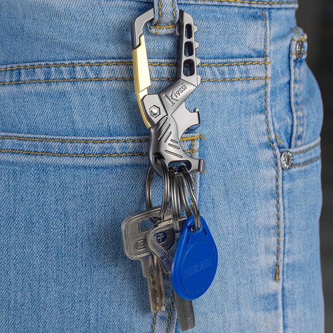 Heavy duty metal keychains, Carabiner clip Car key chains,Fashion family keychain bottle opener and 3 Key Rings suitable for men and women.(Gold-2pcs