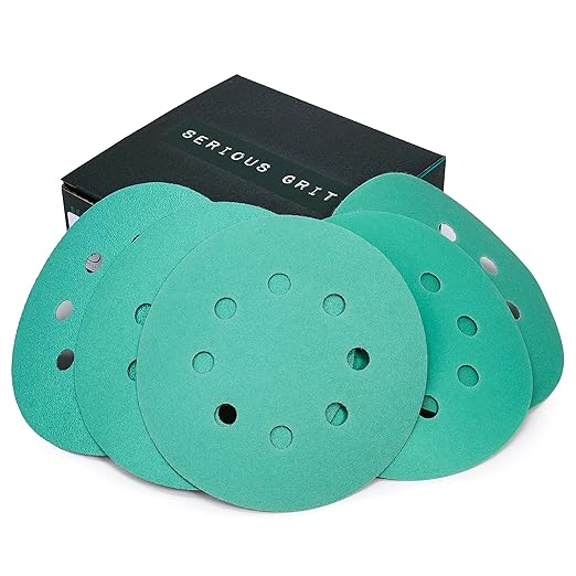 Serious Grit Sanding Discs 5 Inch 8 Hole Assortment - 80, 120, 150, 180, 220 Grit (10/each) - Heavy-Duty Hook & Loop Wet Dry Film Sandpaper Discs - Sand Paper for Random Orbital Sanders - 50 Pack Box