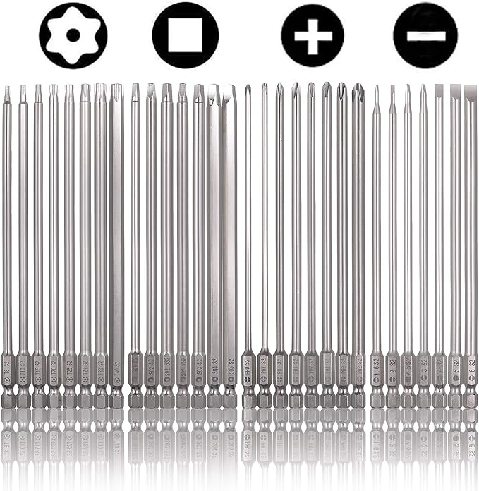 Rocaris 30 Pack 1/4 Inch Hex Shank Long Magnetic Screwdriver Bits Set 6 Inch Power Tools(Slotted+Cross+Square +Torx)