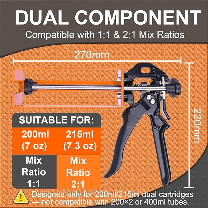 Epoxy Gun Dual Component 200ml ??Manual 1:1 & 2:1 Ratio Adhesive Applicator for Epoxy, Urethane, Acrylic,High-Thrust 2-Part Adhesive Gun for Panel Bonding, Structural & Plastic Repair,Orange