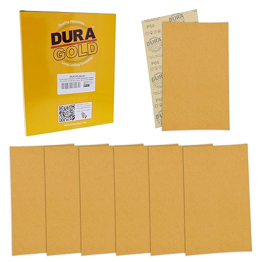 Dura-Gold Premium 5" x 2.75" Gold Sandpaper Sheets, 60 Grit (Box of 30) - Hook & Loop Backing, Wood Furniture Woodworking, Auto Paint - for Palm Sanders, Clip-On, Hand Sanding Blocks