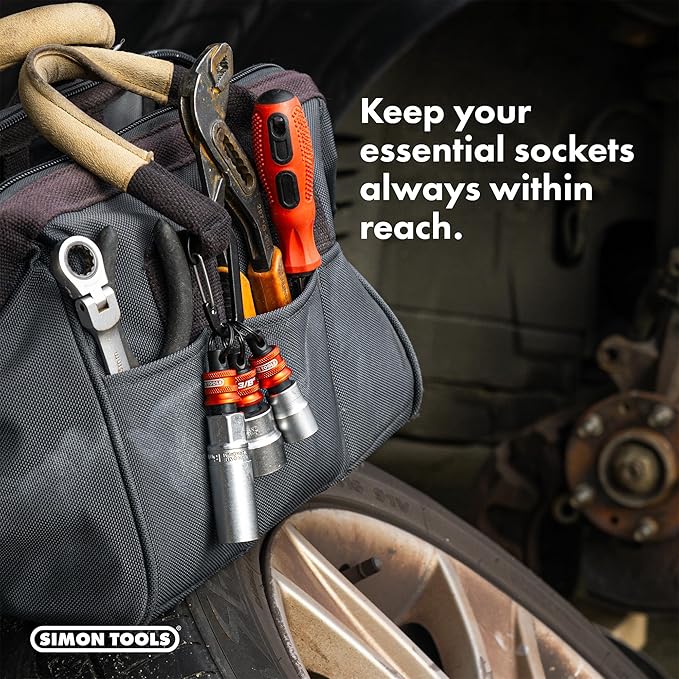 Socket Holder Keychain 3pc - 3/8 Socket Organizer with Quick Release and Clip - Perfect Impact Wrench and Toolbox Accessories for Construction Workers, Linemen, Mechanics and Carpenters