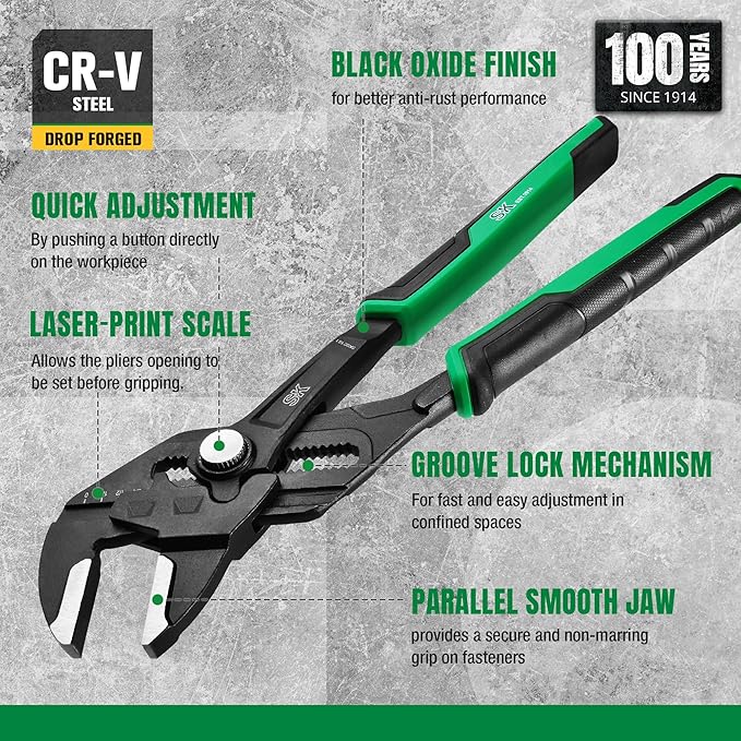 SK 12-Inch Pliers Wrench, Premium CR-V Construction, Smooth Parallel Jaws with Comfortable Grips