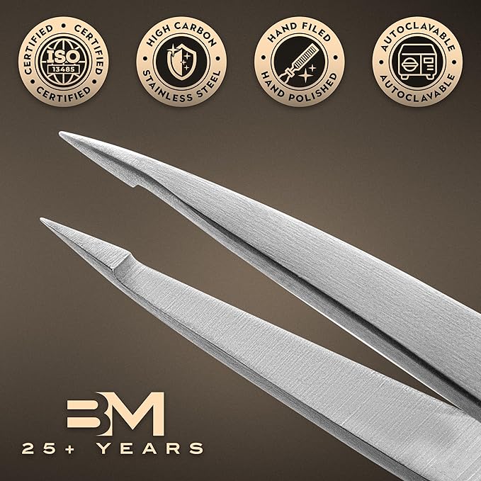 Pointed Tweezers | High Carbon Stainless Steel Needle Nose | Fine Point Precision Hair Removal | Perfectly Aligned & Hand-Filed Sharp | Silver