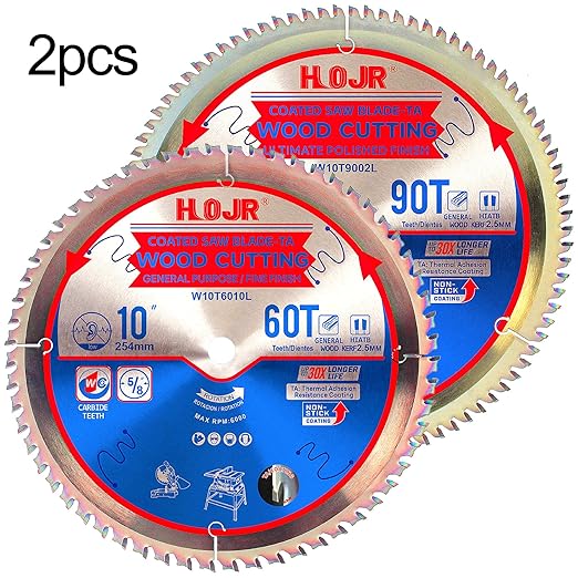 2-Pack 10" 60T & 90T 5/8" Arbor Woodworking Circular Saw Blade, Framing/Universal Wood Cutting Saw Blade,Special Anti-Thermal Adhesion Coating on Cutting Edge-TA, 10" 60T&90T 5/8"
