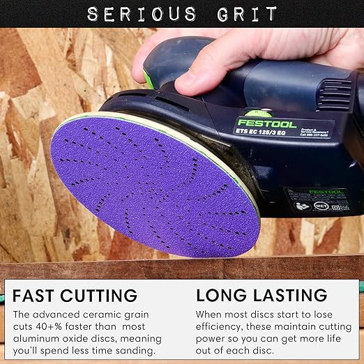 Serious Grit 6-Inch 320 Grit Ceramic Multi-Hole Hook & Loop Sanding Discs - Advanced Grain for Fast Cutting & Long Life - Film-Backed Universal Fit Sandpaper for 6-in Sanders - 50 Pack Box