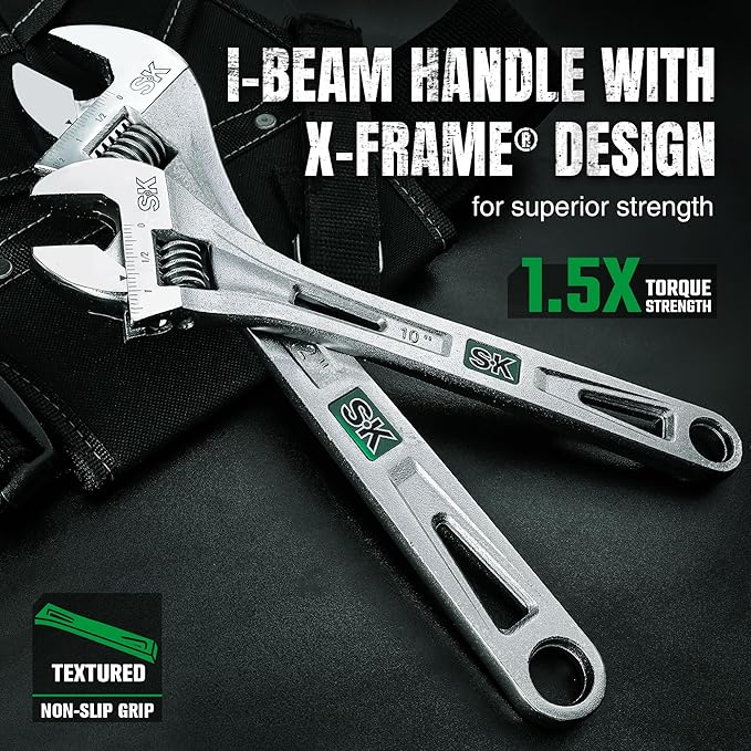 SK 12-Inch Adjustable Wrench, 1-1/2" Jaw Capacity, Cr-V Steel, SAE&Metric Scales