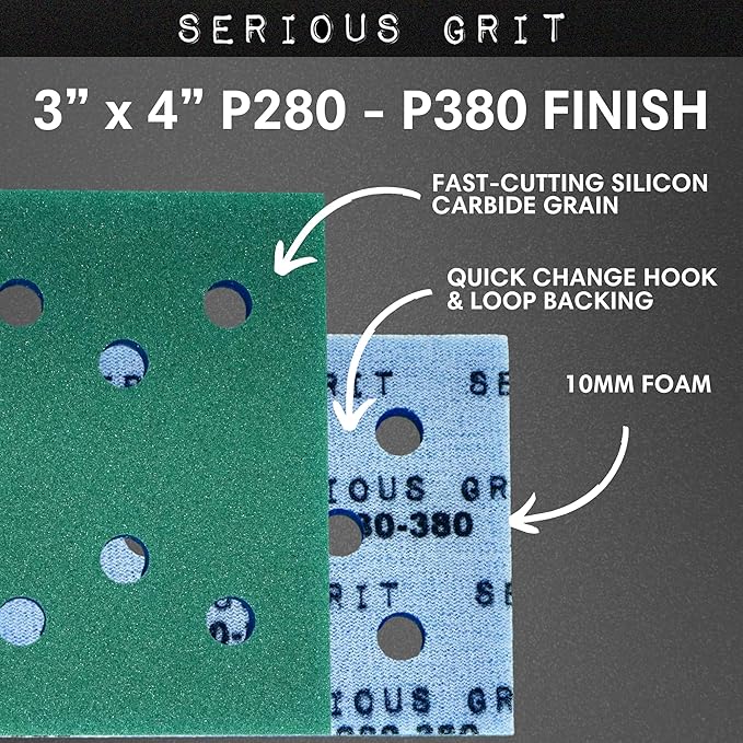 Serious Grit - 3" x 4" Foam Sanding Pads - P220-280 Very Fine Finish Grit - 10mm Medium Density Foam - Hook & Loop Backing - Fits SurfPrep, Uneeda Ekasand & Mirka 3x4 Sanders ??Made in USA ??10 Pack