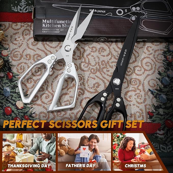 HUUSK Kitchen Shears Set Upgraded - Stainless Steel Kitchen Scissors, Sharp Meat Scissors, Heavy Duty Poultry Shear, Japanese Cooking Scissor for Food, Dishwasher Safe, Christmas Gifts for Men Women