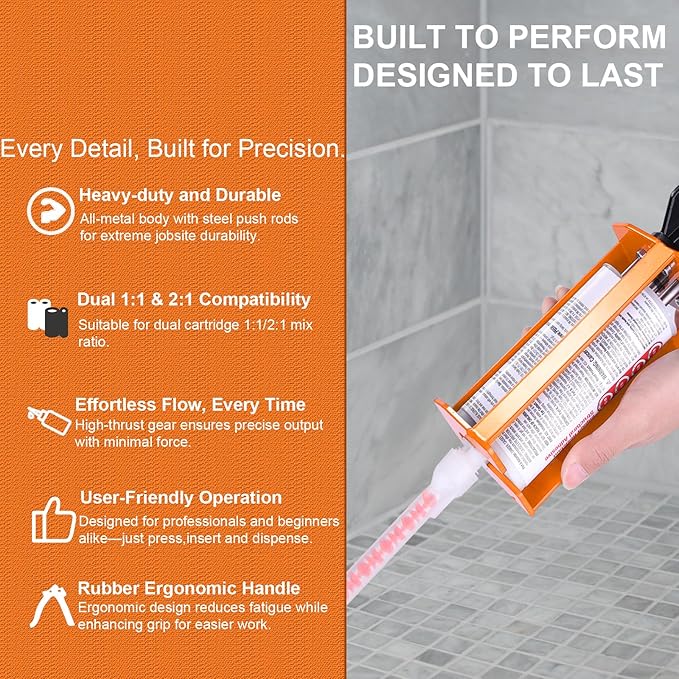 Epoxy Gun Dual Component 200ml ??Manual 1:1 & 2:1 Ratio Adhesive Applicator for Epoxy, Urethane, Acrylic,High-Thrust 2-Part Adhesive Gun for Panel Bonding, Structural & Plastic Repair,Orange