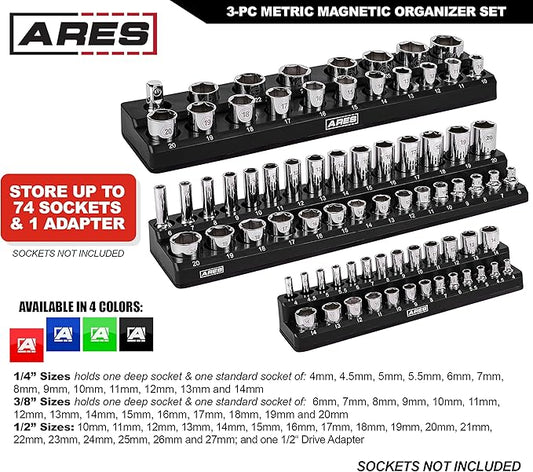 ARES 60034-3-Piece Black Metric Magnetic Socket Organizer Set - Includes 1/4-Inch, 3/8-Inch, and 1/2-Inch Socket Holders - Holds Standard Size and Deep Size Sockets - Keeps Your Tool Box Organized