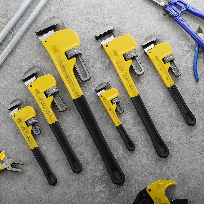 Lanties 6 Piece Heavy Duty Pipe Wrench Set - 8", 10", 12", 14", 18", 24", Adjustable Chrome Vanadium Steel Plumbing Wrench Set with Soft Handle & Gloves for Plumbers, Pipeline, Auto Repair (Yellow)