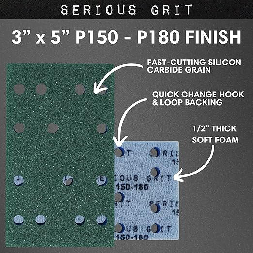 Serious Grit - 3" x 5" (80x133mm) Foam Sanding Pads - P150-180 Med Fine Finish Grit - 1/2" Thick Low Density Foam - Hook & Loop - Fits Festool RTS 400 & Mirka DEOS 3x5 Sanders ??Made in USA ??10 Pack