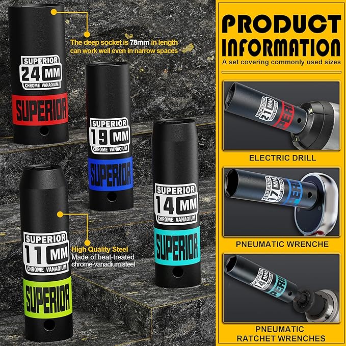 14 Piece 1/2" Drive Impact Socket Set, 8 mm - 22 mm Deep Socket, Metric Socket Set With Adapter & Quick-Release Holder, 6 Point, CR-V, Automotive Maintenance, Machinery Manufacturing