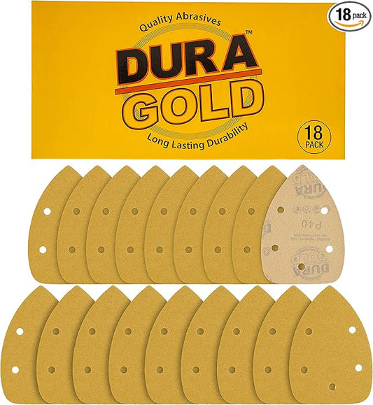 Dura-Gold Premium Mouse Detail Sander Sandpaper Sanding Sheets - 40 Grit (Box of 18) - 5 Hole Pattern Hook & Loop Triangle Mouse Discs - Woodworking Wood, Furniture Crafting, Sand Automotive Paint