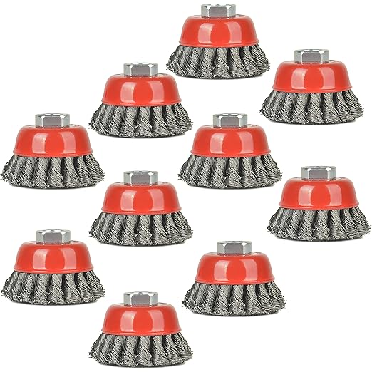Aain 10 Pack Wire Wheel Cup Brush, 3 Inch Twisted Knotted Wheel Cup Brush with 5/8"-11 Threaded Arbor for Angle Grinder, Max RPM 12,500, 0.020in Carbon Steel for Rust Removal, Abrasives