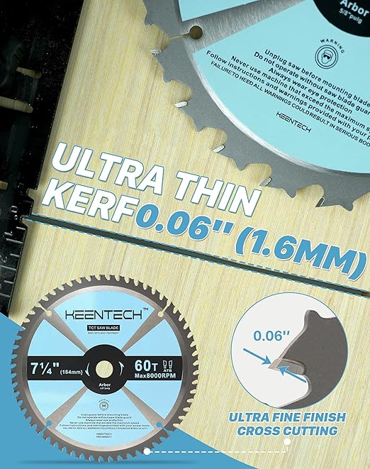 KEENTECH 7-1/4 Inch 60 Tooth Fine Finish Circular Saw Blade 3-Pack, Tungsten Carbide Tipped, ATAF Grind, 5/8 Inch Bore with Diamond Knockout