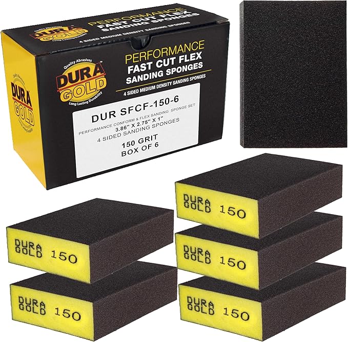 Dura-Gold 150 Grit 4-Sided Hand Sanding Block Sponges, Box of 6 - Performance Flex 3.9" x 2.75" x 1" Wet or Dry Flexible Sandpaper Abrasive Brick Pads, Reusable - Sand Wood, Drywall, Metal, Auto Paint