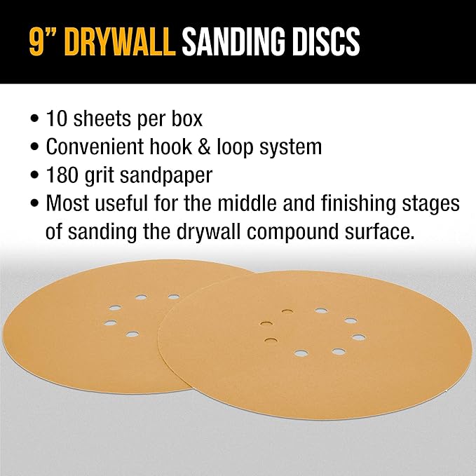 Dura-Gold Premium 9" Drywall Sanding Discs - 180 Grit (Box of 10) - 8 Hole Pattern Sandpaper Discs with Hook & Loop Backing, Fast Cutting Aluminum Oxide Abrasive - For Drywall Power Sander, Sand Wood