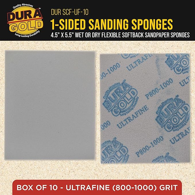 Dura-Gold Ultrafine Cut Sanding Sponges, Box of 10-5.5" x 4.5" (800 to 1000 Grit) Performance Conform & Flex Wet or Dry Flexible Softback Sandpaper Sponges, Hand Block, Wood Drywall Metal Auto Paint