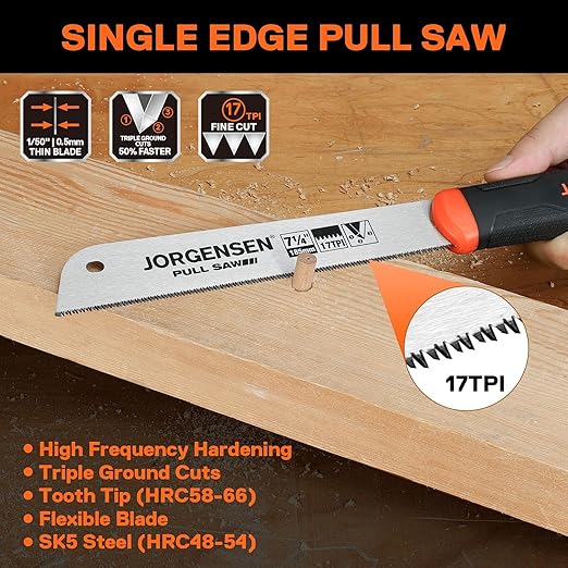 JORGENSEN Japanese Pull Saw, 7.25" Hand Saw Single Edge, 17-TPI SK5 Flexible Blade Handsaws, Flush Cut Saw with Soft Grip Handle for Fine Woodworking & Fast, Precise Cuts