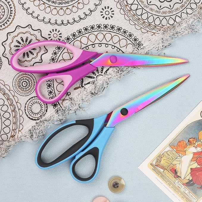 Multifunctional Scissors, 9.3 Inch Colorful Titanium Stainless Steel Blades, Soft Grips, For Home, School, Office, Sewing, Fabrics, Craft Supplies, Left or Right Handed, 2-Piece Set