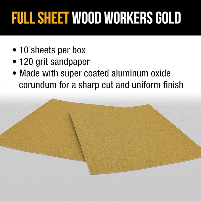 Dura-Gold Premium 9" x 11" Gold Sandpaper Sheets, 120 Grit (Box of 10) - Wood Furniture Woodworking, Automotive Paint, Full-Size Cut to Use on 1/4, 1/3, 1/2 Sheet Finishing Sanders, Hand Sanding Block
