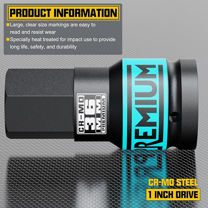 1" Drive H36 Impact Hex Bit Socket, 36 mm Allen Bit Socket, Metric, Cr-Mo Steel, Truck Repair and Equipment Maintenance