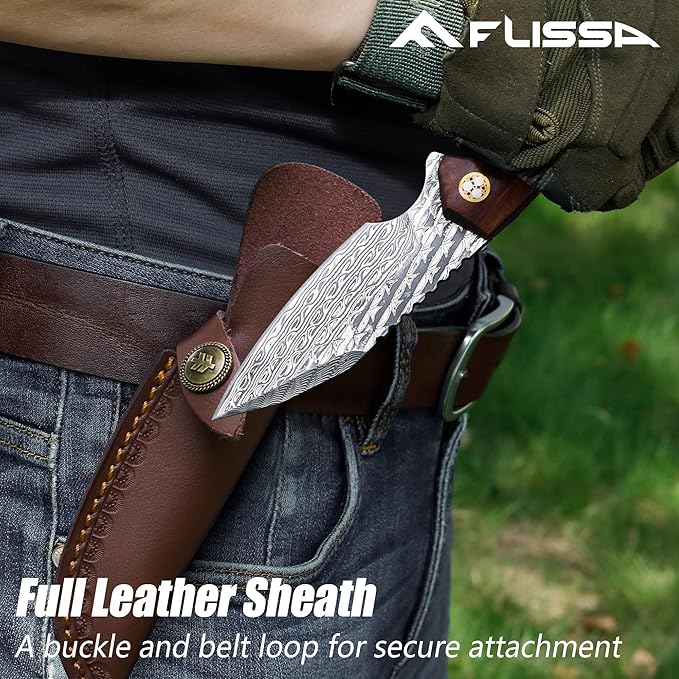 FLISSA 8-1/2 Inch Damascus Steel Hunting Knife, Fixed Blade Knife with Leather Sheath, Full-Tang Construction Survival Knife for Camping, Hiking and Outdoor Adventures, Rosewood Handle, Great Gifts for Husband, Wife, Mom and Dad
