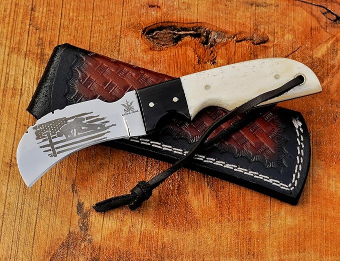 Handmade Stainless Steel Lineman’s Hawkbill knife with Leather sheath, Heavy Duty Utility Knife blade Electrician Wire Skinning knife for professional,