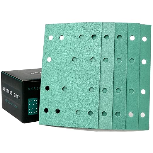 Serious Grit - 3" x 5" (80mm x 133mm) 14-Hole Sanding Sheet Assortment - 80, 120, 150, 180, 220 Grit (10 of Each) - Fits Festool RTS 400 & Mirka Deos 353 - Hook & Loop Sandpaper - 50 Pack Box