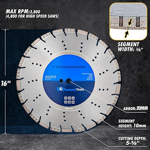 16" All Purpose Diamond Saw Blades for Hard/Reinforced Concrete, Asphalt, Granite, Terrazzo, Ductile Iron Piping, 5-5/8" Cutting Depth, 20mm Arbor