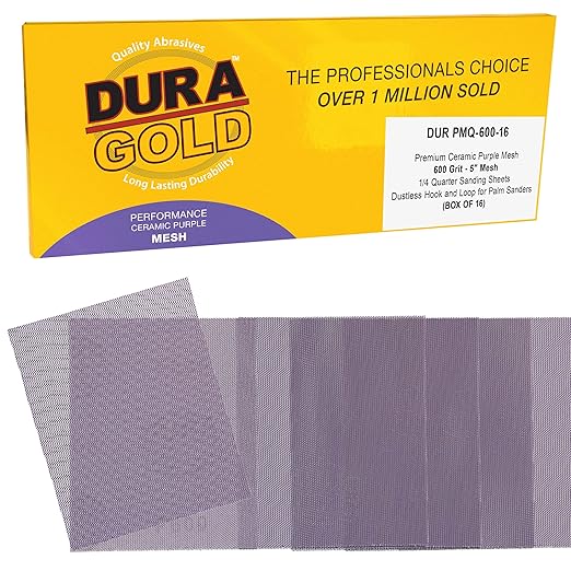 Dura-Gold Premium 600 Grit 1/4 Sheet Size Purple Ceramic Mesh Sandpaper, Box of 16-4.5" x 5.5" Dustless Hook & Loop Backing, Palm Sanders, Sanding Blocks - Long-Lasting Fast Cut - Woodworking, Auto