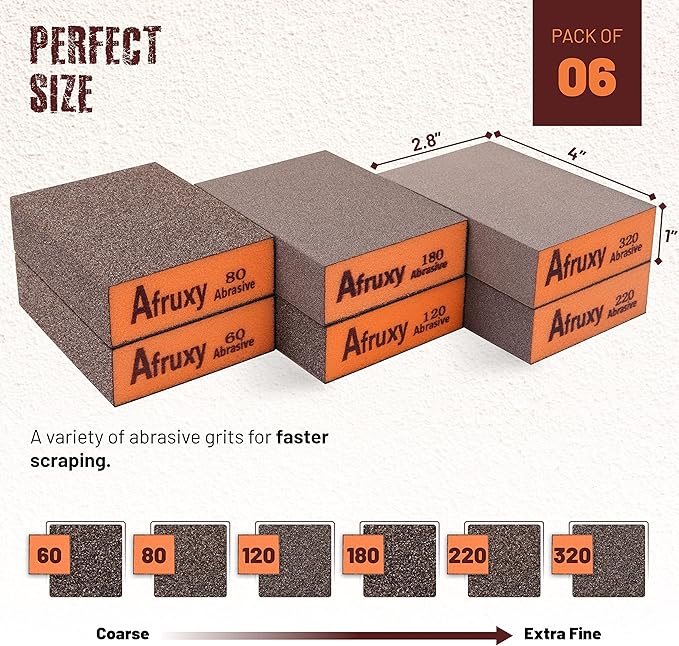 Professional-Grade Sanding Sponge 6-Pack with Gloves ??60/80/120/180/220/320 Grit Hand Sander, Durable Sandpaper Block for Drywall Sanding, Wood Sanding