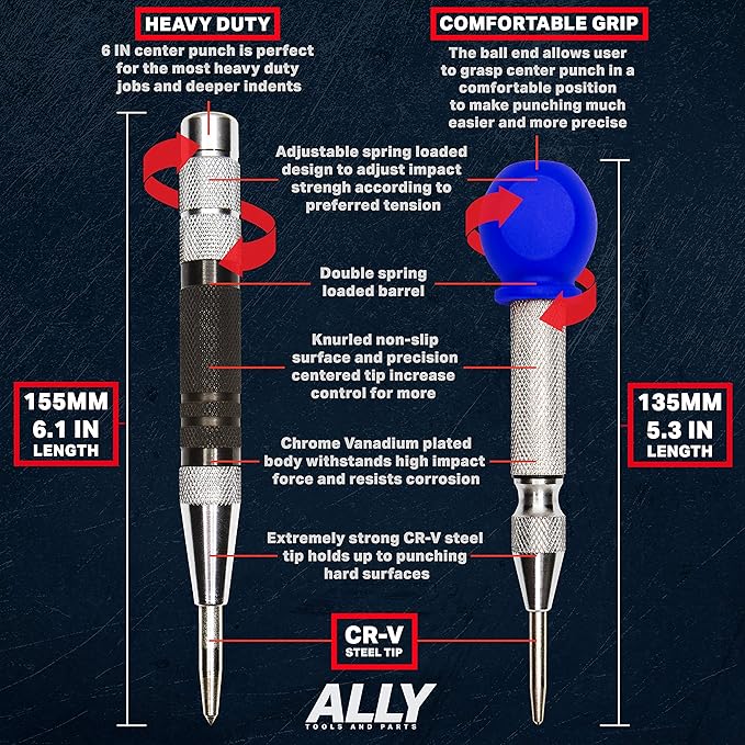 ALLY Tools Super Strong 6 Inch and 5 Inch Heavy Duty Automatic Center Punch, Perfect Automatic Center Punch for Metal, Wood, Plastic, Glass, and Marble ??Features Spring Loaded Center Punch Design