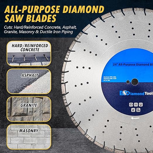 24" All Purpose Diamond Saw Blades for Hard/Reinforced Concrete, Asphalt, Granite, Terrazzo, Ductile Iron Piping, 9-5/8" Cutting Depth, 1" Arbor