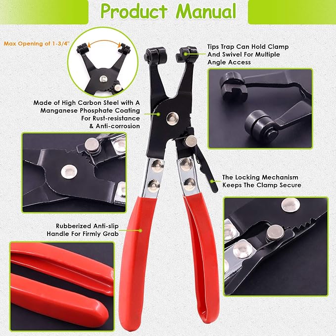 Keadic 7 Pieces Hose Clamp Plier Set, Including 6Pcs Hose Clamp Removal Hooks and Picks & 1Pcs Flat Band Car Water Pipe Locking Plier for Car Truck Fuel Oil Water Pipe Repair