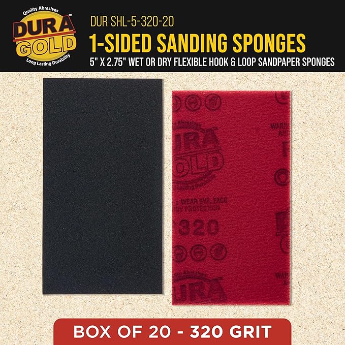 Dura-Gold 320 Grit 5" x 2-3/4" Sanding Sponges, Box of 20 - Performance Hook & Loop Wet or Dry Flexible Sandpaper Sponge Pads - for Hand Sanding Blocks, Palm Sanders - Polish Metal, Auto Paint, Wood