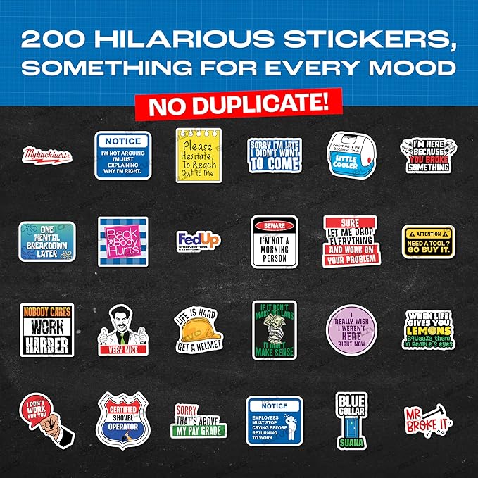 200 PCS Hard Hat Stickers for Adults (No Duplicates) Sarcastic, Meme, & Funny Stickers for Water Bottles, Toolbox, Helmet, & Hard Hat Accessories ??Ideal for All Blue Collar Workers