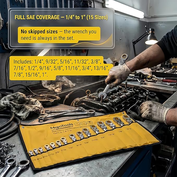 15-Piece SAE Ratcheting Wrench Set (1/4?년???, 72-Tooth Flex-Head Combination Wrenches, Heavy-Duty Cr-V Mechanic Tool Kit with Organizer Roll Bag