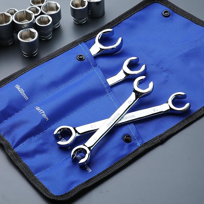WORKPRO 4-Piece Flare Nut Wrench Set, Metric Brake Line Wrenches 10, 12, 13, 14, 15, 17, 19, 22mm, Cr-V Steel, 15째 Offset Head Tubing Wrench, Organizer Pouch Included