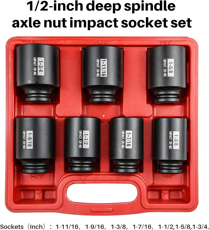 SEKETMAN 7Pcs 1/2" Drive Deep 6-Point Impact Socket Set/Spindle Nut Impact Socket Set, Inch, Cr-Mo,1-3/8-Inch - 1-3/4-Inch