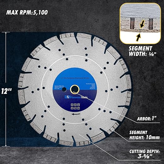 12" All Purpose Diamond Saw Blades for Hard/Reinforced Concrete, Asphalt, Granite, Terrazzo, Ductile Iron Piping, 3-5/8" Cutting Depth, 1" Arbor, 3 Pack