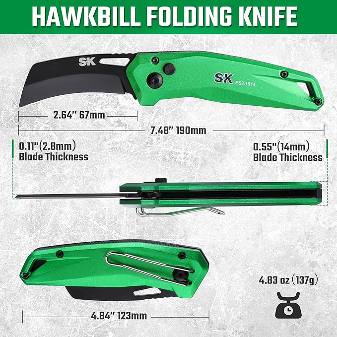 SK Hawkbill Folding Pocket Utility Knife, Premium D2 Curved Blade for Cable Skinning, Carpet, Linoleum, Cardboard, Rope, Wire Cutting