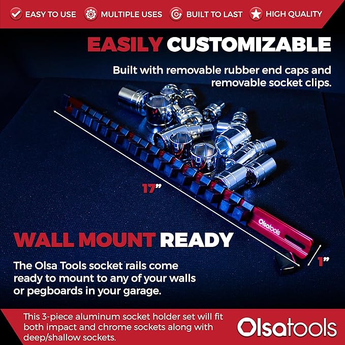 Olsa Tools Aluminum Socket Organizer, 3pc Set - Red Socket Holder Kit 1/2-Inch, 3/8-Inch, and 1/4-Inch Drive - Holds 58 Chrome or Impact Sockets - Professional Grade Socket Rails - Part: 1009