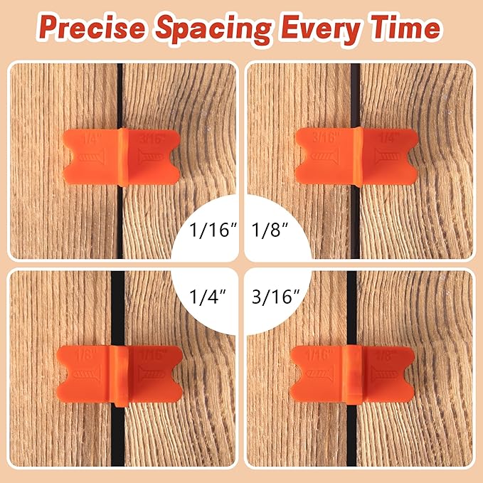8 Pcs ABS Deck Spacer Tool,4 Thicknesses Deck Board Spacers(1/16", 1/8", 3/16", 1/4"),Orange Deck Spacers Assorted for Pressure Treated Composite Decking