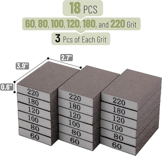 Bates- Sanding Sponge, 18 pcs, 60/80/100/120/180/220 Grit Assortment, Washable and Reusable, Sandpaper Block, Sanding Blocks for Wood, Sanding Pad, Drywall Sanding Block, Drywall Sanding Sponge
