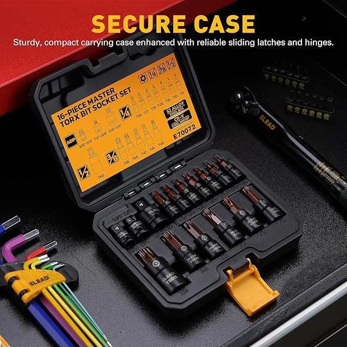 16-Piece Torx Bit Socket Set - Premium S2 Steel European Style T8-T60 with Socket Adapters, Star Bit Socket Set 1/4?? 3/8??and 1/2??Drive | Professional Mechanic Garage Tools